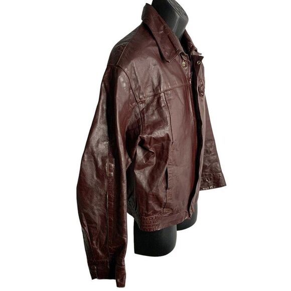 Vintage 70s 80s Leather Bomber Jacket L Maroon Red Zip Snap Elastic Waist - Picture 3 of 7